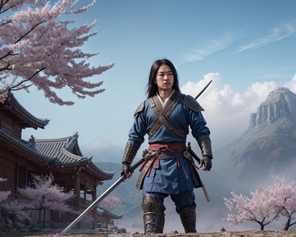 Warrior in Blue Armor Amidst Cherry Blossoms and Mountains