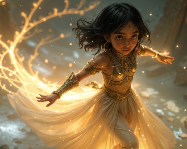 Child in Golden Outfit Dances in Mystical Landscape