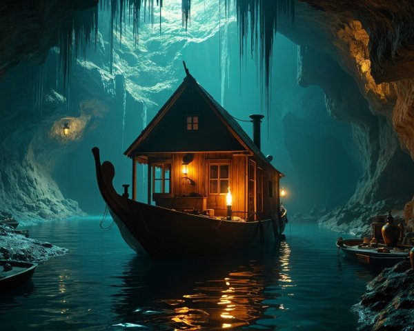 Cave with Wooden Boat and Lantern Light Details