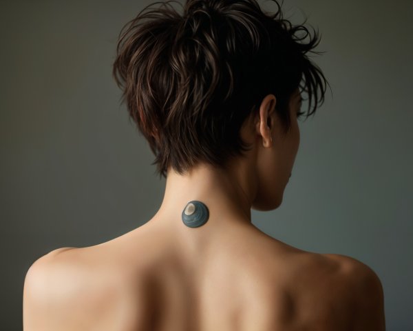 Close-up of a bare back with a tattoo design