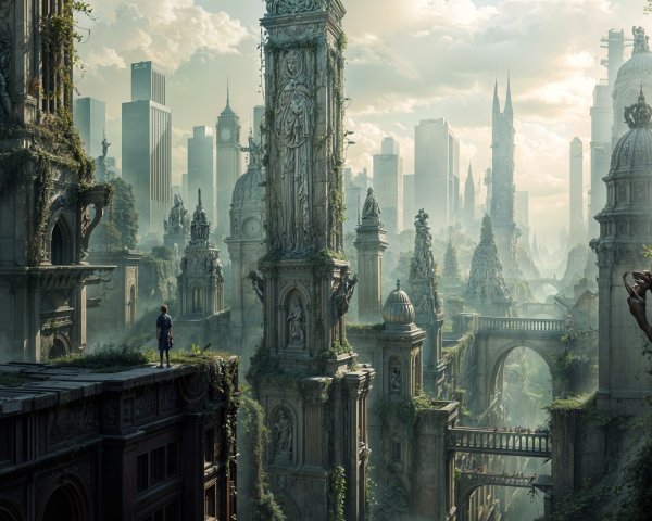 Futuristic Landscape of Ruins and Overgrown Vegetation