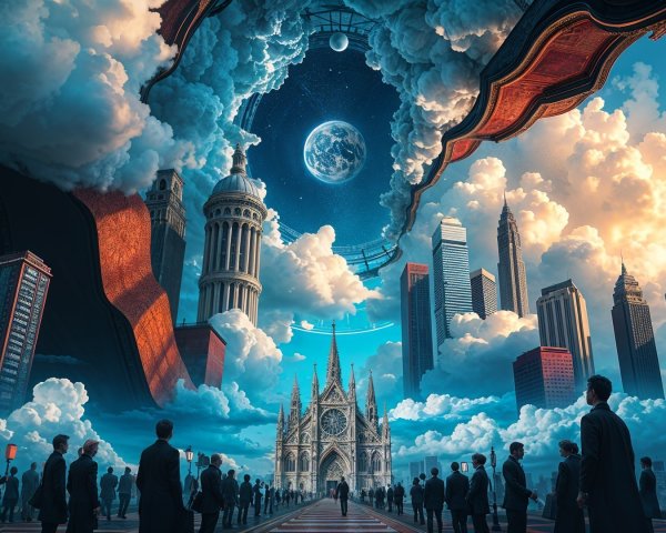 Surreal cityscape with skyscrapers and cosmic sky