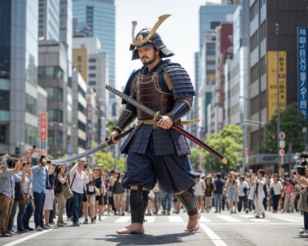 Samurai in Traditional Armor Amidst Urban Cityscape