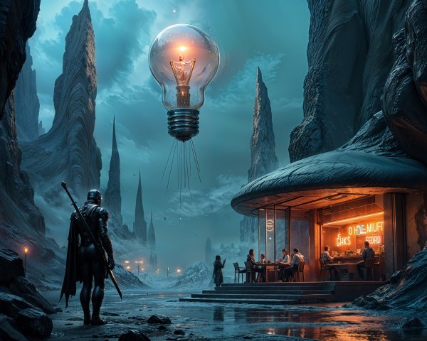 Surreal Landscape with Futuristic Figure and Structures