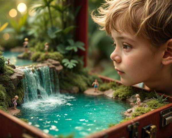 Miniature Diorama of Pool and Waterfall in Suitcase