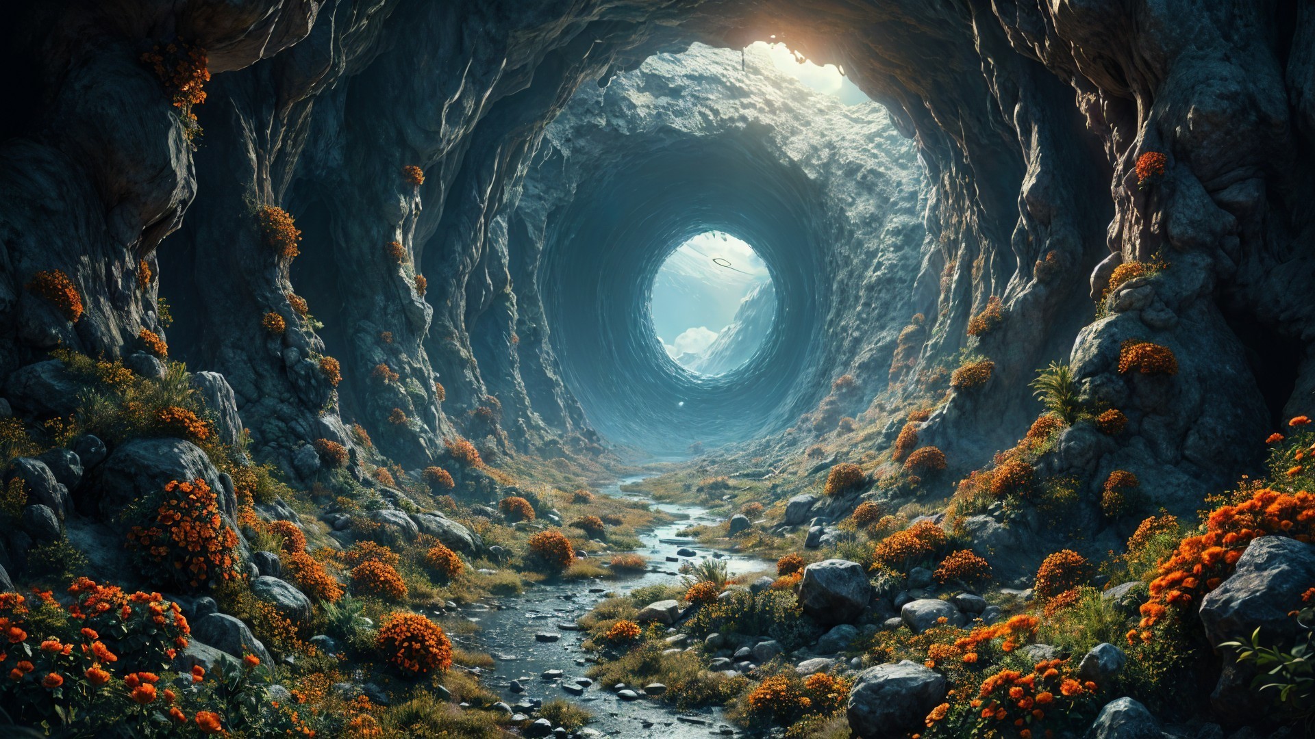 Mystical cave pathway with vibrant flowers and water