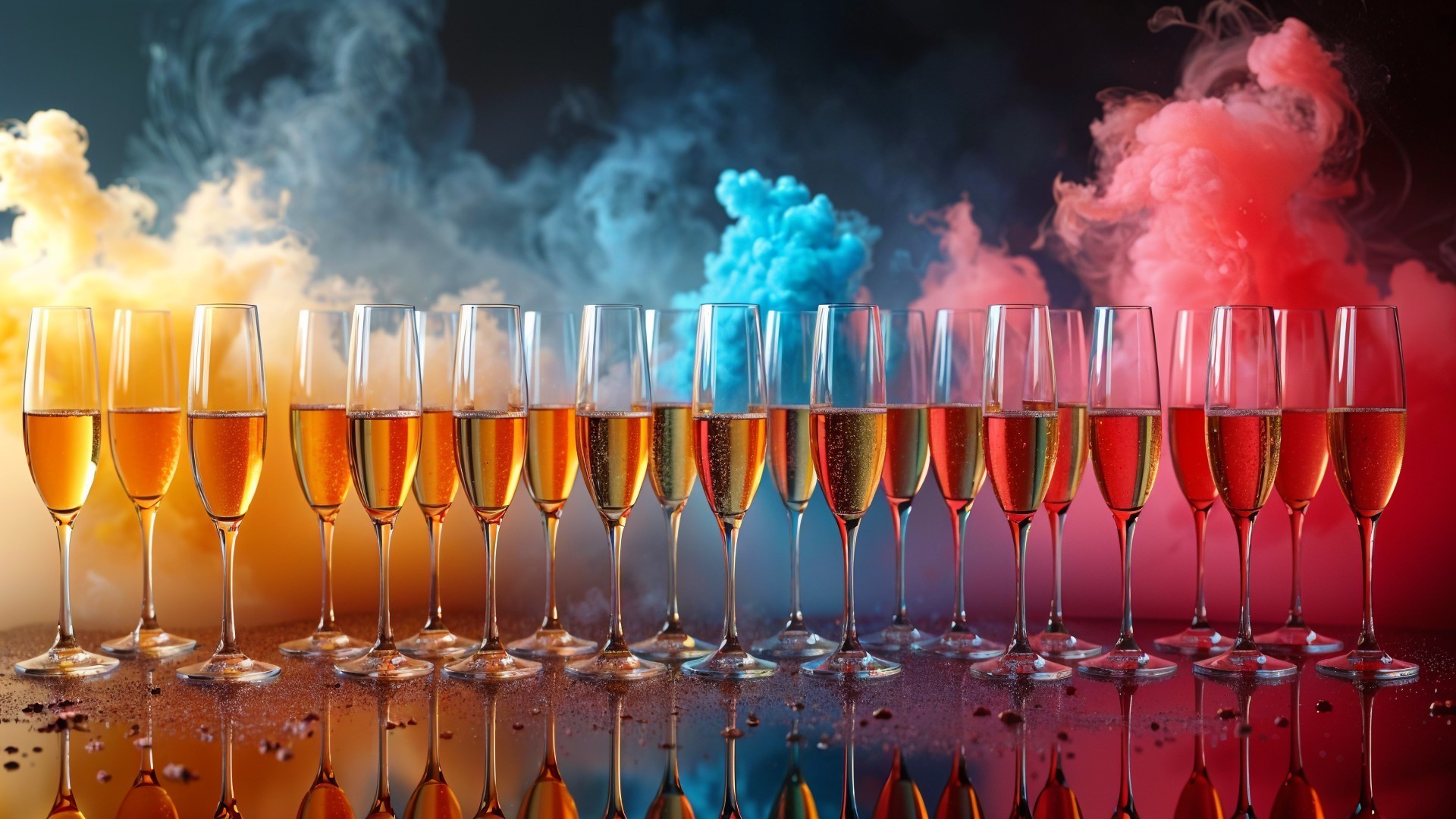 Champagne Flutes with Sparkling Liquid and Colorful Smoke