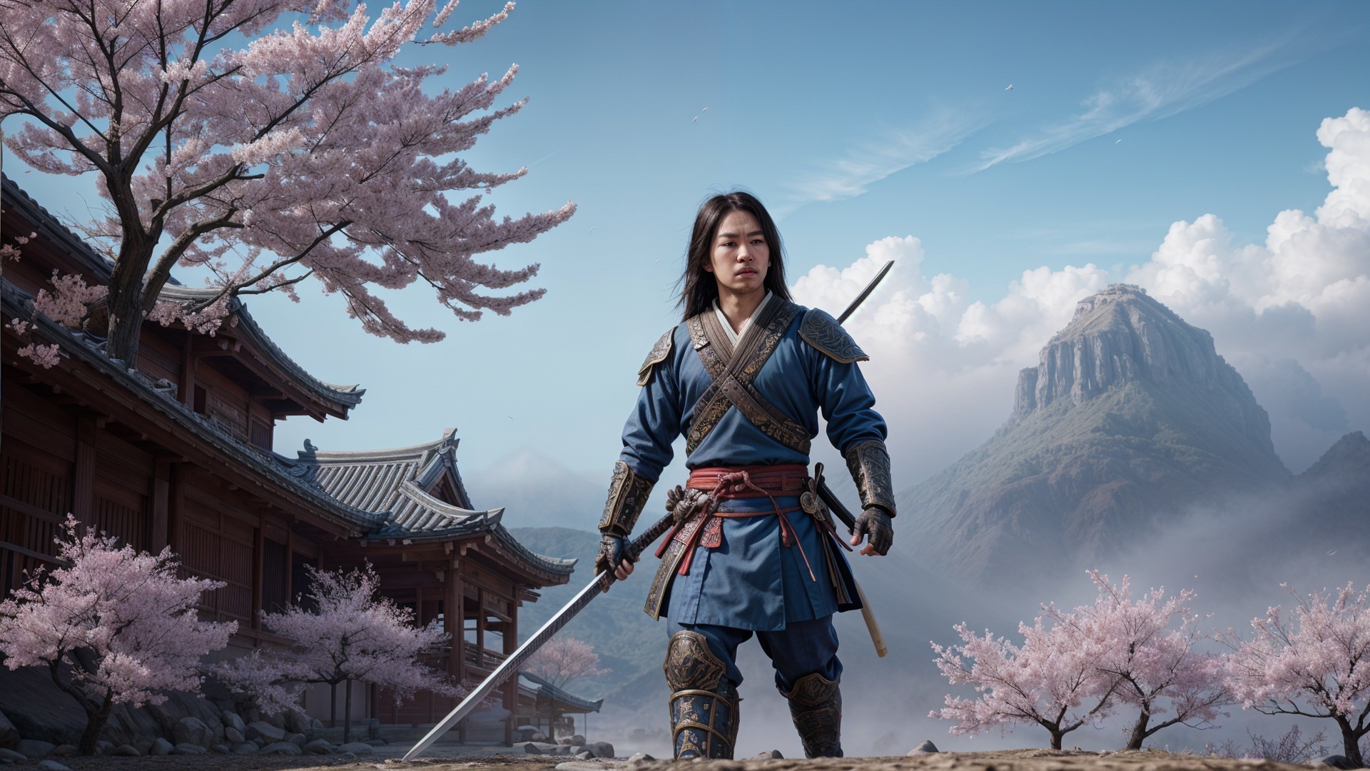 Warrior in Blue Armor Amidst Cherry Blossoms and Mountains
