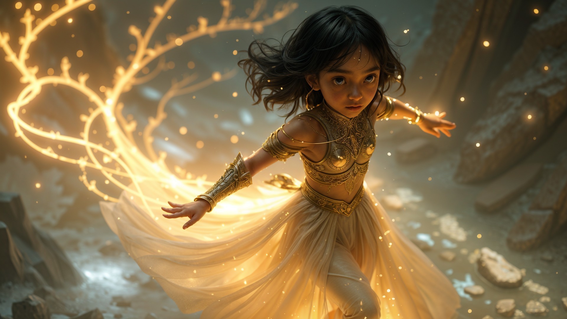 Child in Golden Outfit Dances in Mystical Landscape