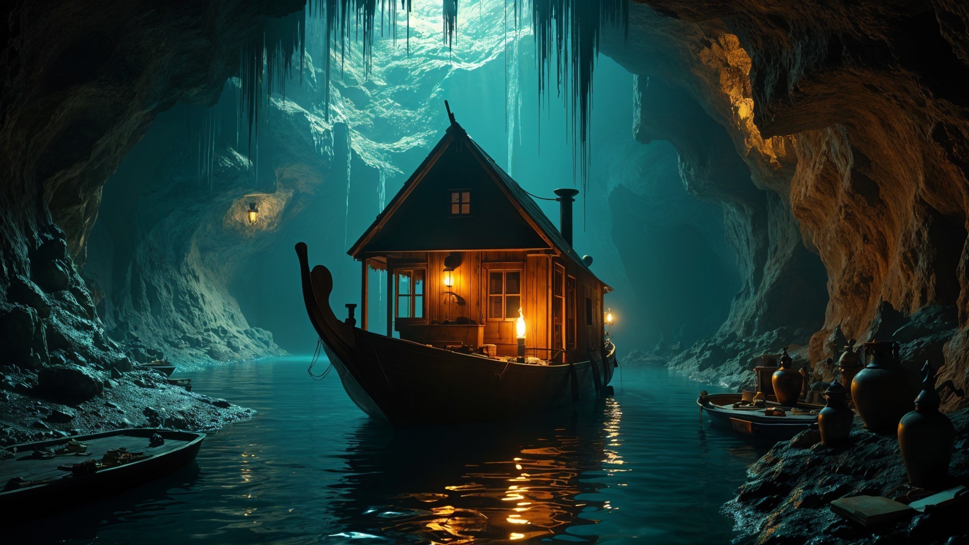 Cave with Wooden Boat and Lantern Light Details