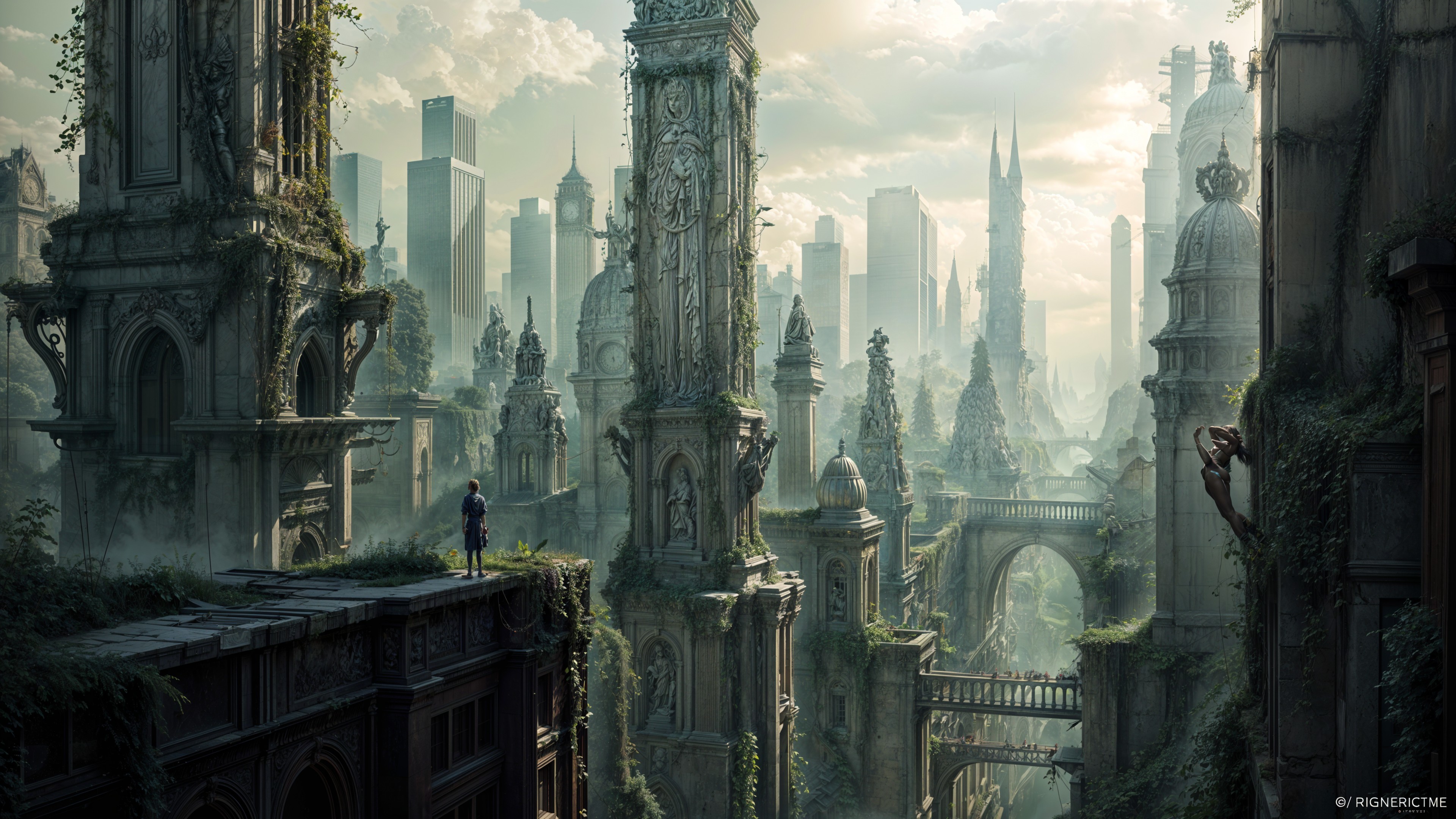 Futuristic Landscape of Ruins and Overgrown Vegetation