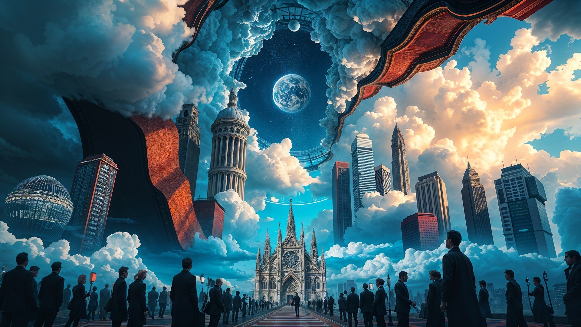 Surreal cityscape with skyscrapers and cosmic sky