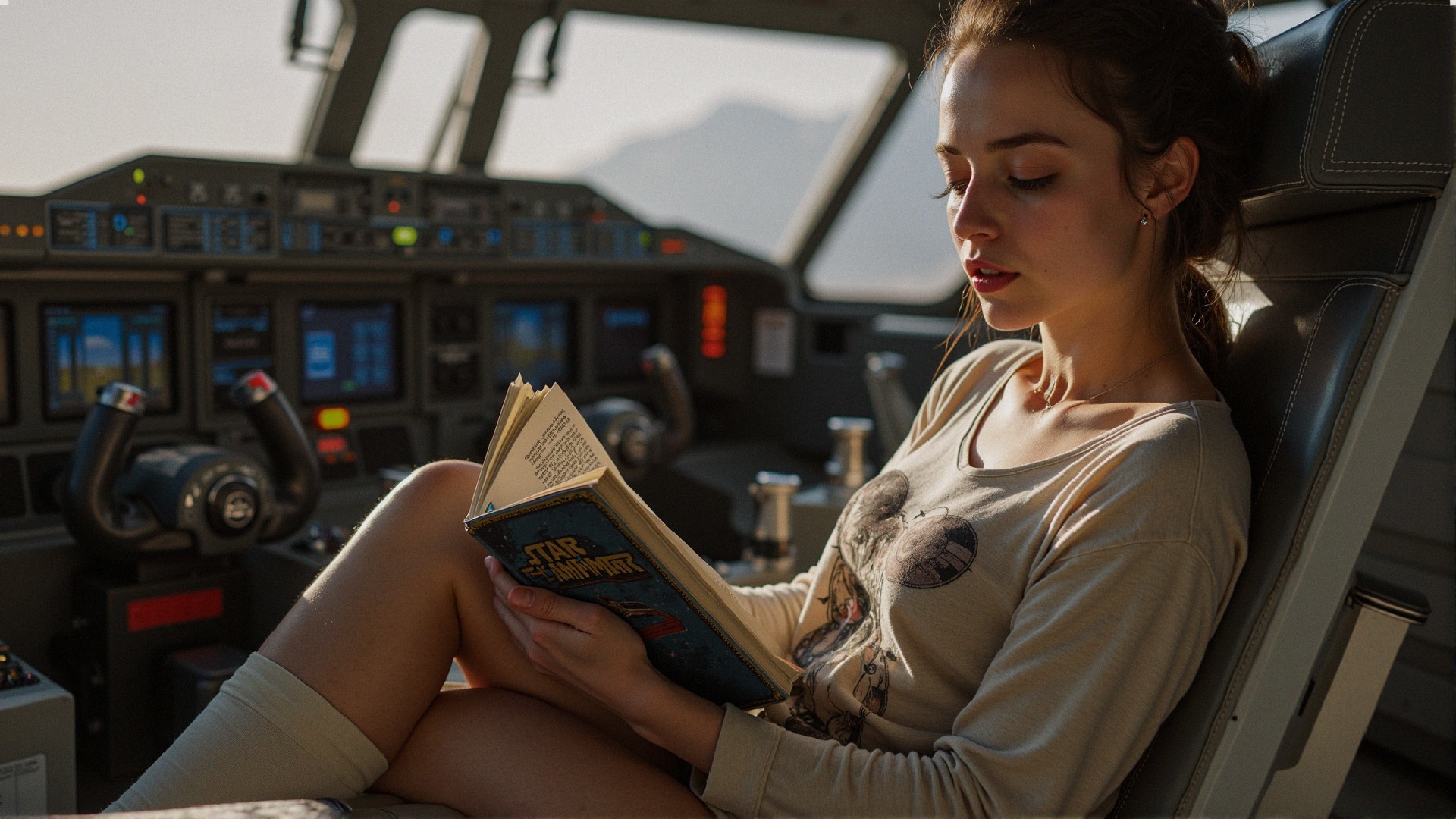 Futuristic Cockpit with Young Woman Reading a Book