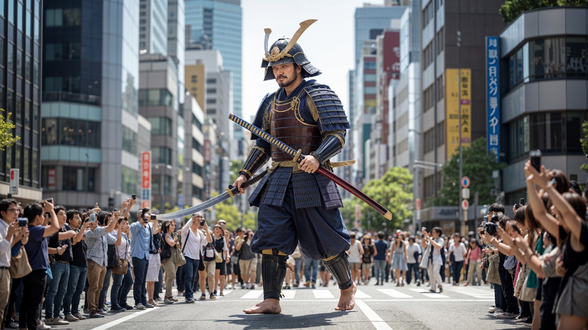 Samurai in Traditional Armor Amidst Urban Cityscape