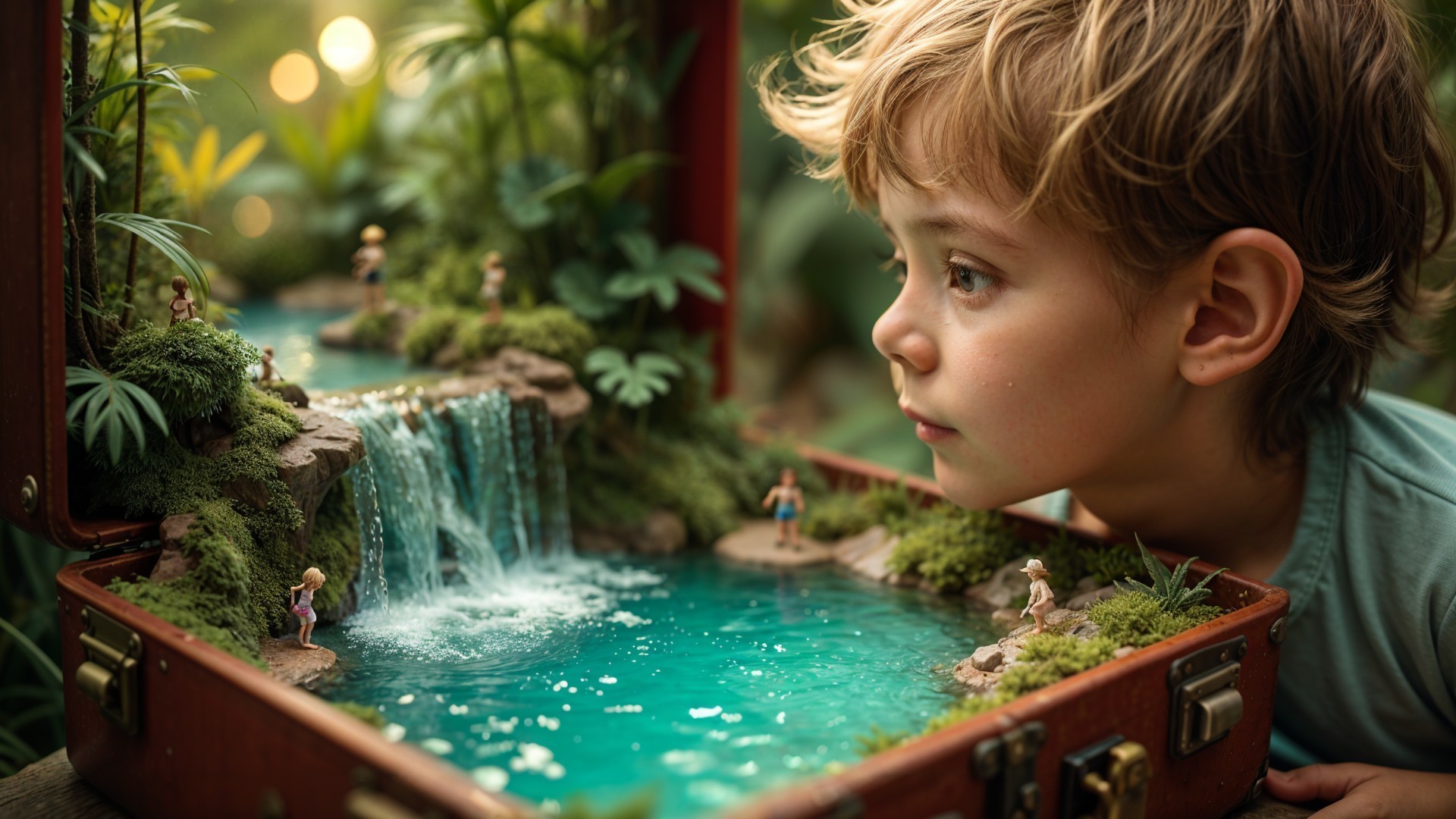 Miniature Diorama of Pool and Waterfall in Suitcase