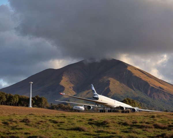 Airplane on Tarmac with Mountain Landscape Background