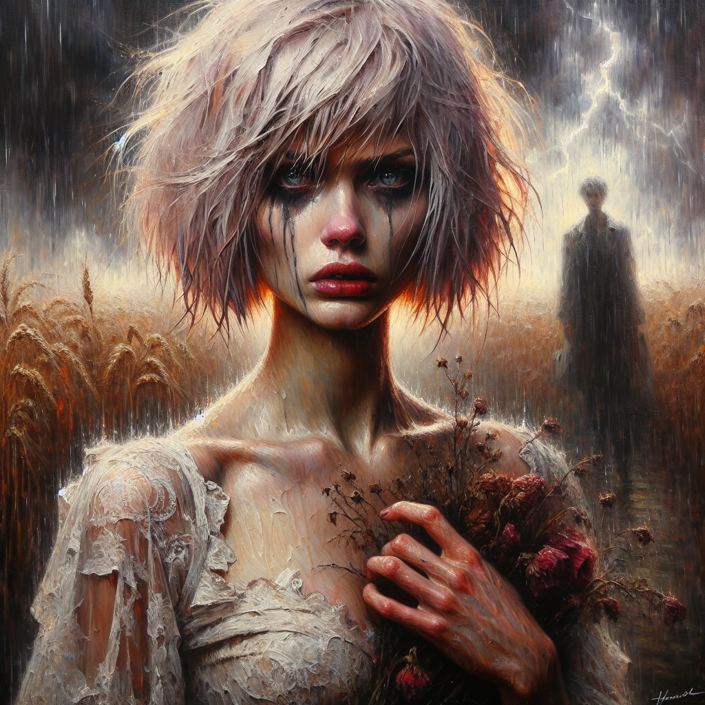 Young Woman in Tattered Dress Amid Stormy Landscape
