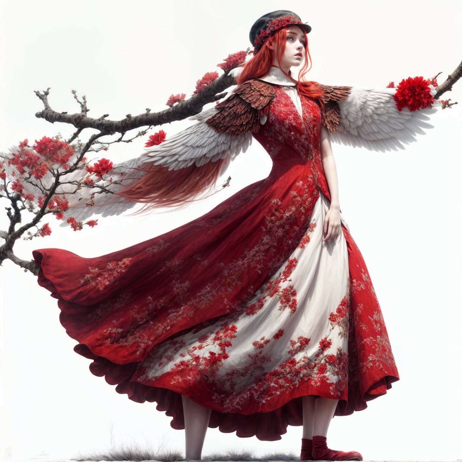 Ethereal figure in red and cream dress with wings