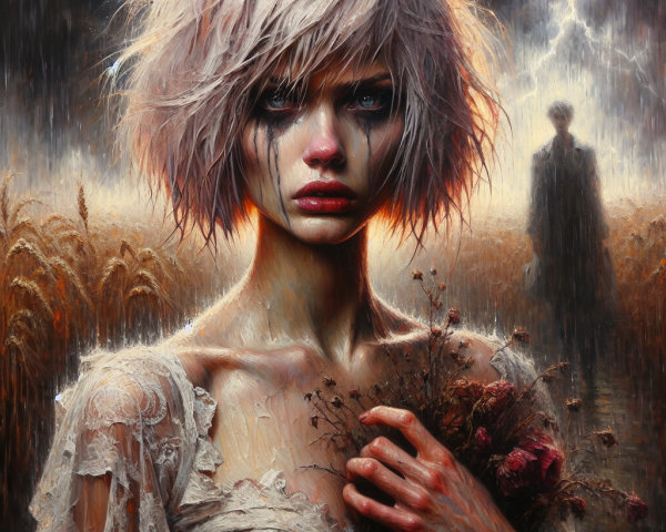 Young Woman in Tattered Dress Amid Stormy Landscape