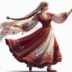 Ethereal figure in red and cream dress with wings