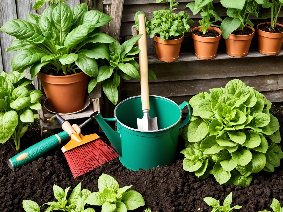 Vibrant Garden Scene with Lush Green Plants and Tools