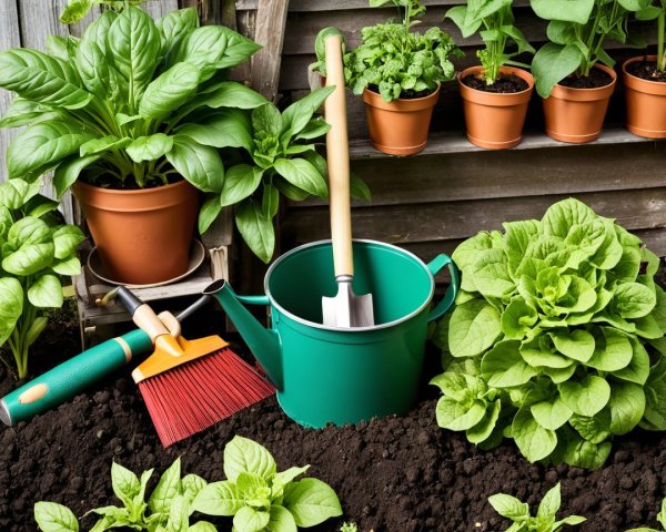 Vibrant Garden Scene with Lush Green Plants and Tools