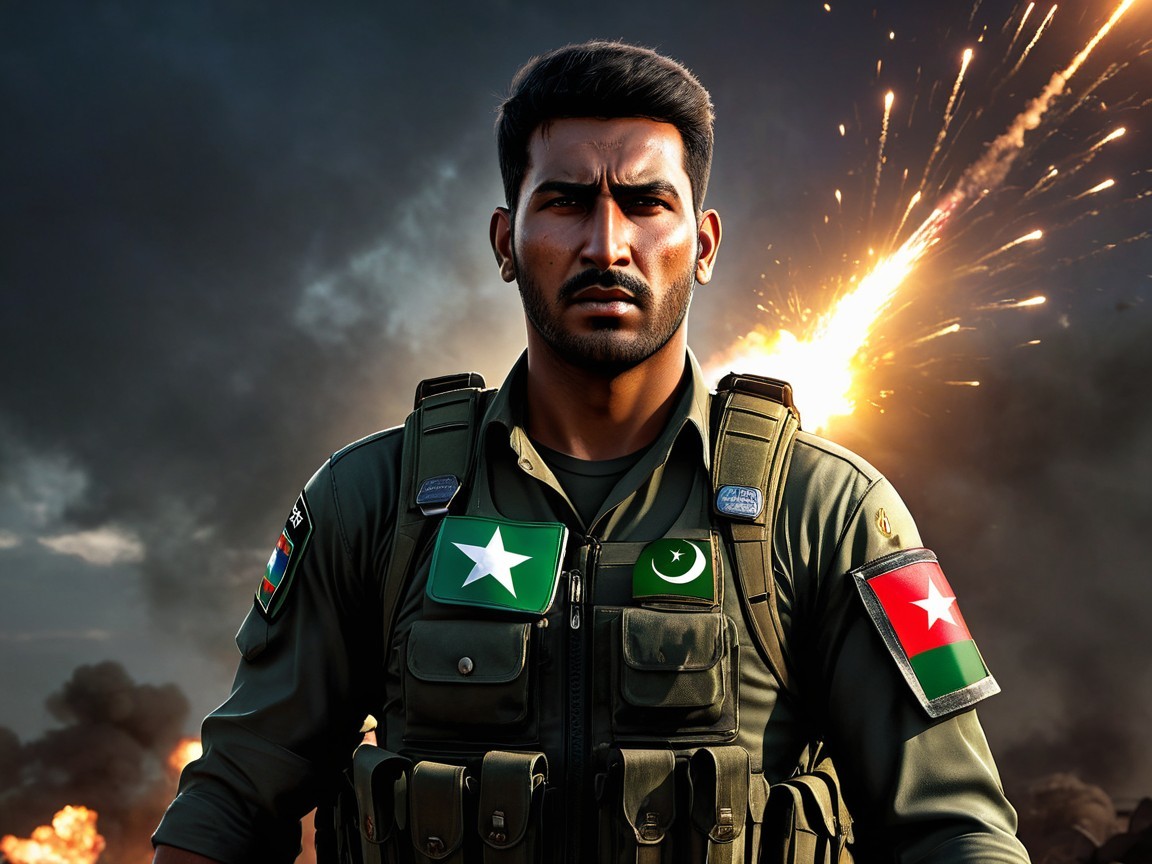 Soldier in Tactical Uniform Amidst Explosions and Smoke