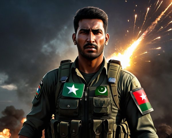 Soldier in Tactical Uniform Amidst Explosions and Smoke
