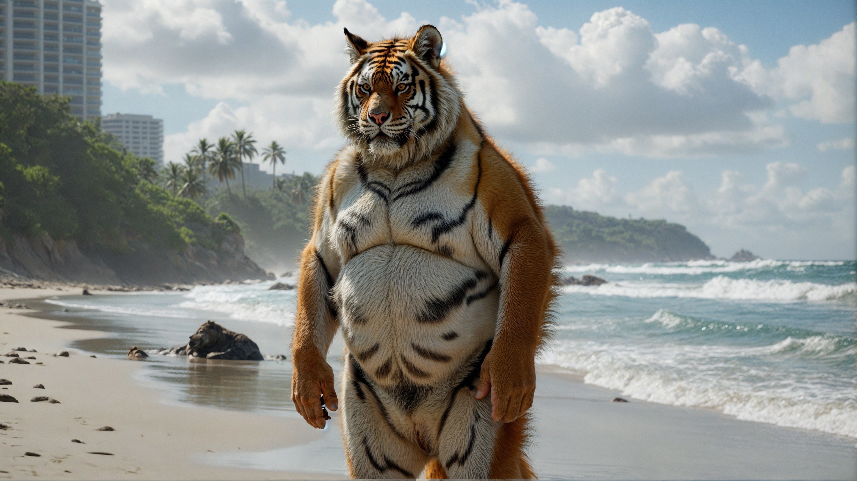 Tiger on a Beach with Lush Hills and Blue Sky