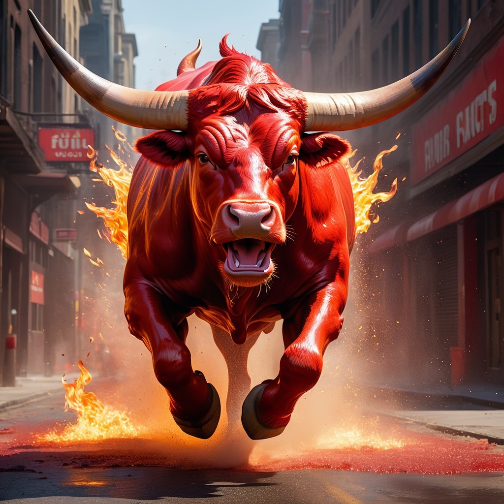 Fiery Red Bull Charges Through Urban Chaos