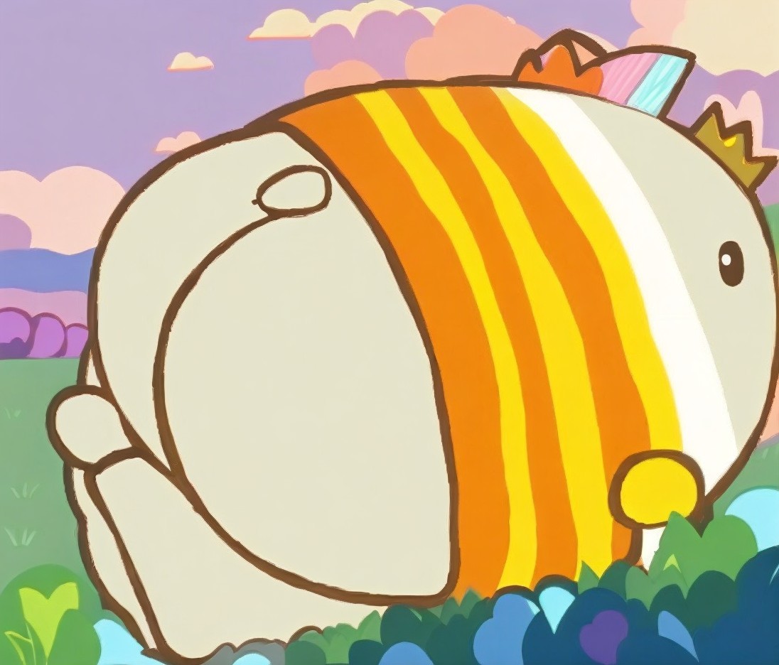 Cartoonish creature with stripes in a vibrant landscape