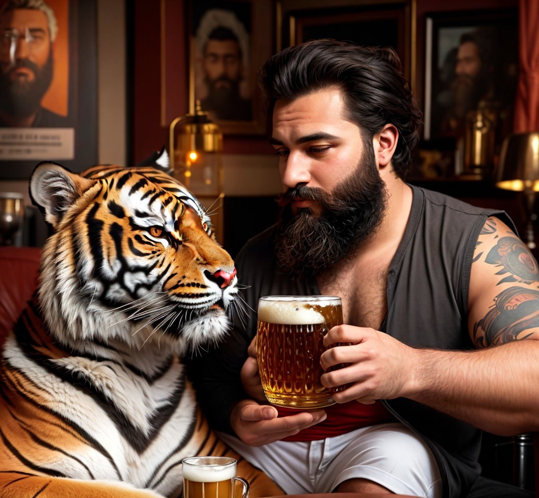 Bearded Man Relaxing with Life-Like Tiger in Cozy Room