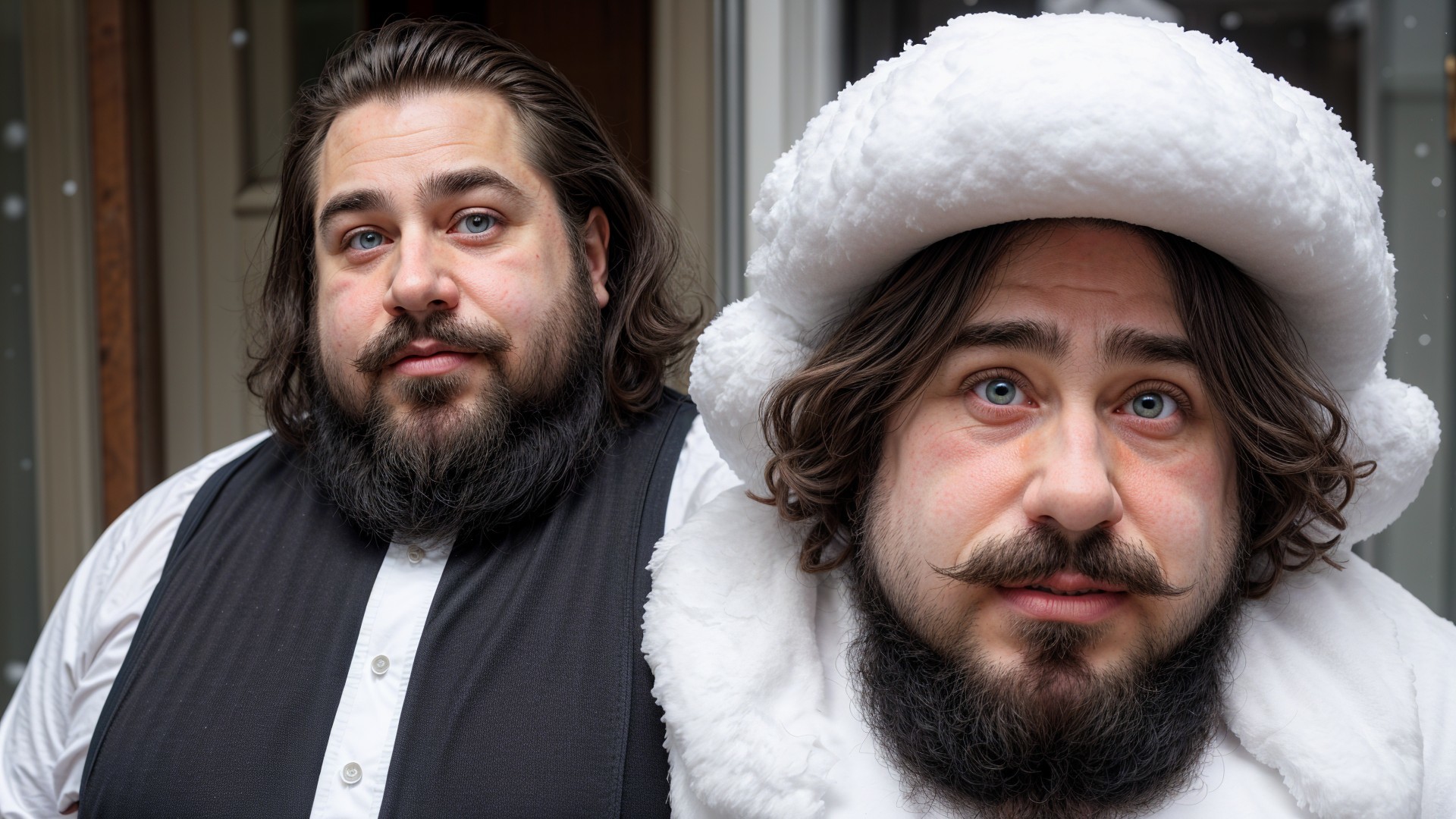 Two Men in Winter Attire with Beards and Blue Eyes