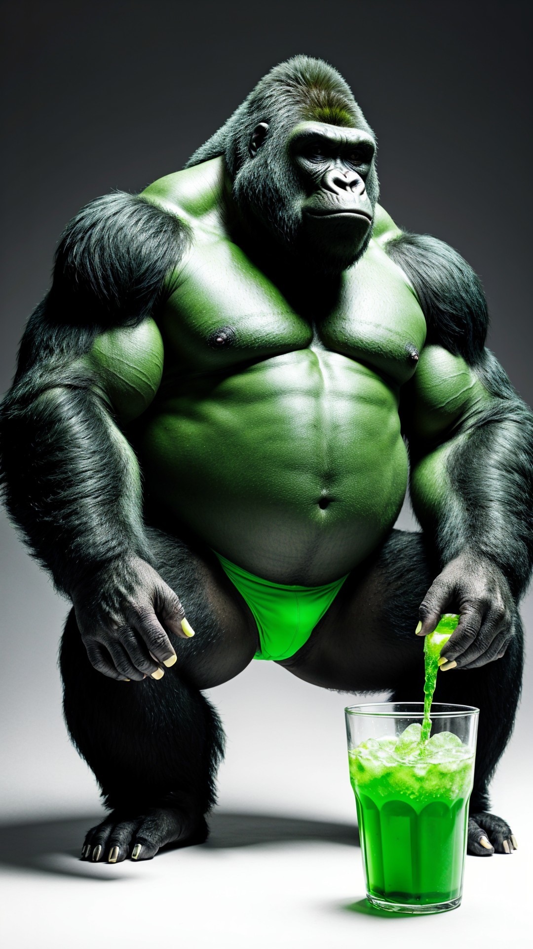 Muscular Green Gorilla in Swim Trunks with Drink