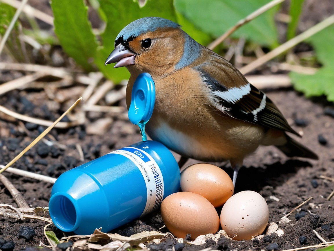 Small bird with blue head beside speckled eggs and cap