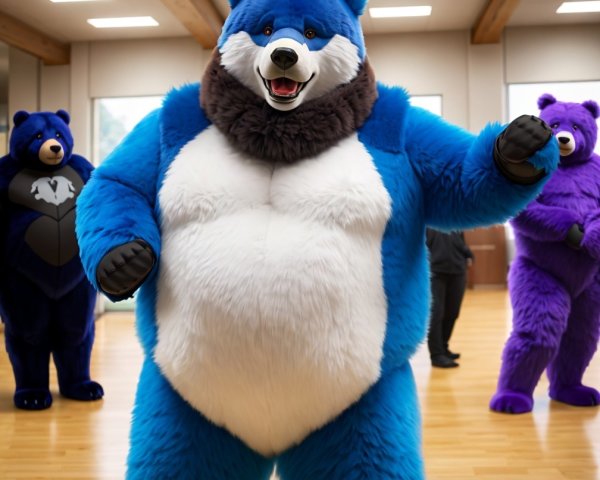 Large Blue Bear Mascot in Playful Indoor Setting