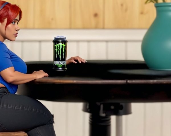 Stylized character with red hair at a wooden table