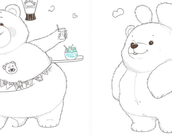Cartoon Bear and Bunny with Drinks and Whimsical Design