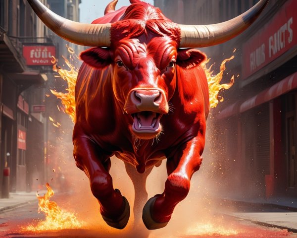 Fiery Red Bull Charges Through Urban Chaos