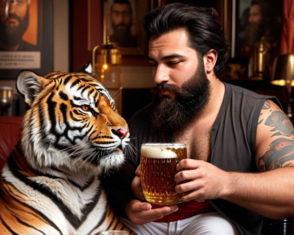 Bearded Man Relaxing with Life-Like Tiger in Cozy Room