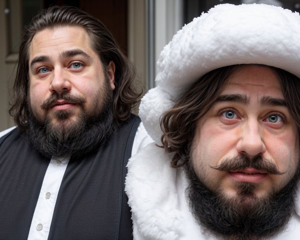 Two Men in Winter Attire with Beards and Blue Eyes