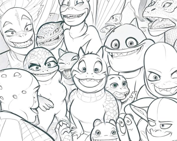 Cartoon Reptiles and Amphibians in Playful Sketch Style