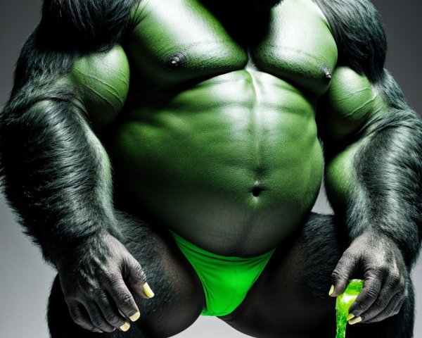 Muscular Green Gorilla in Swim Trunks with Drink