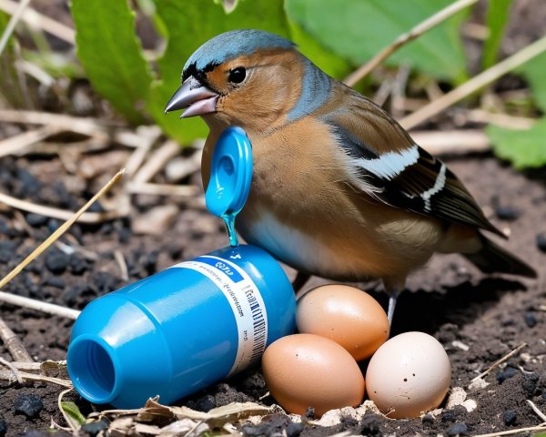 Small bird with blue head beside speckled eggs and cap