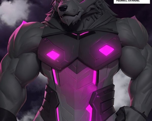 Muscular anthropomorphic wolf in futuristic armor