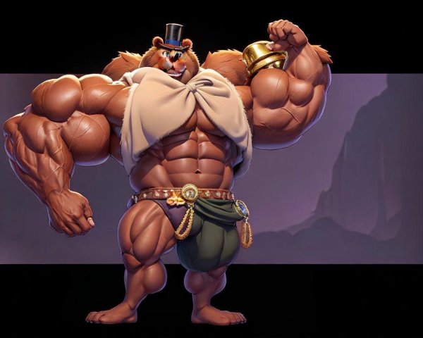 Muscular Anthropomorphic Bear in Top Hat and Bow Tie