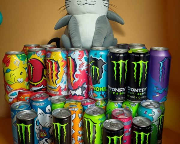 Plush Cat on Colorful Energy Drink Can Display