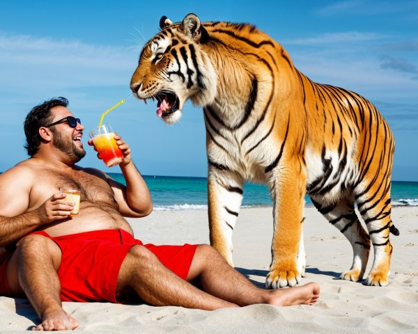 Man on Beach with Tiger and Colorful Drinks