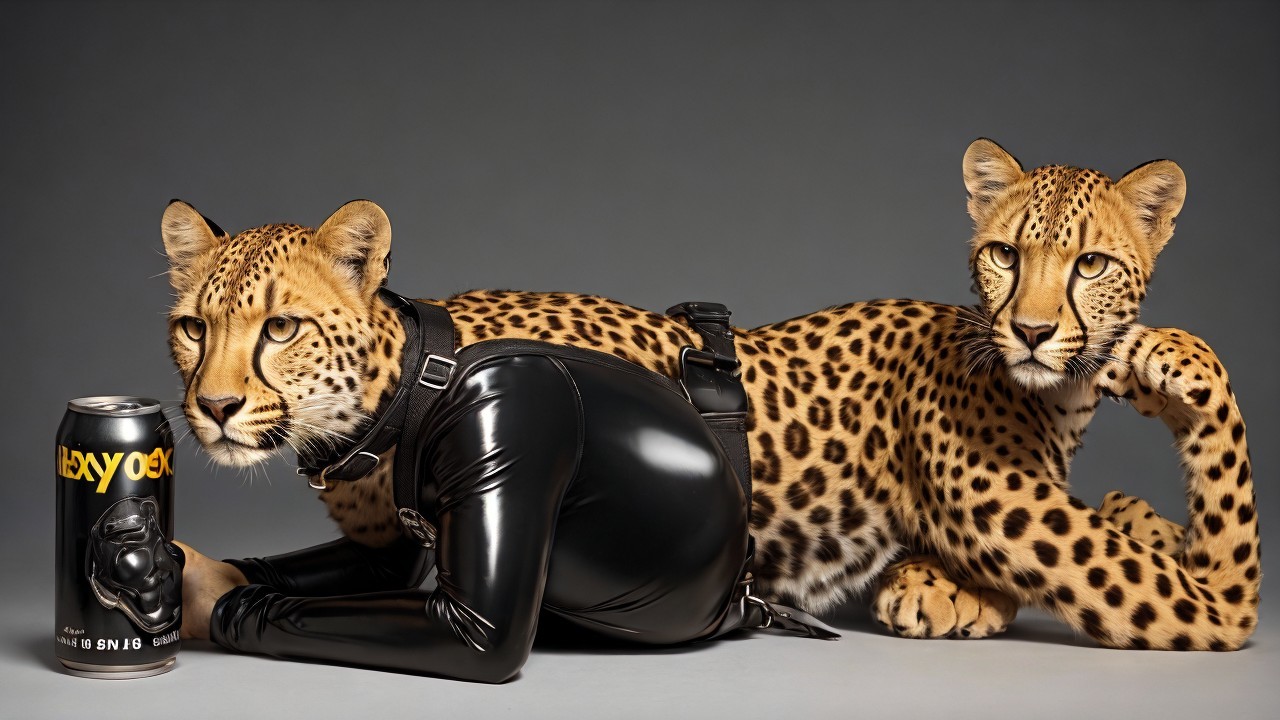 Leopards Relaxing with Energy Drink in Gray Backdrop