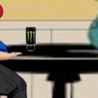 Stylized character with red hair at a wooden table